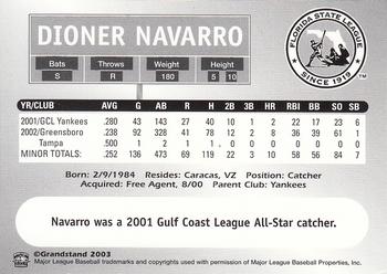 2003 Grandstand Florida State League Top Prospects #NNO Dioner Navarro Back
