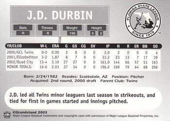 2003 Grandstand Florida State League Top Prospects #NNO J.D. Durbin Back