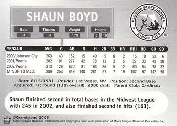 2003 Grandstand Florida State League Top Prospects #NNO Shaun Boyd Back