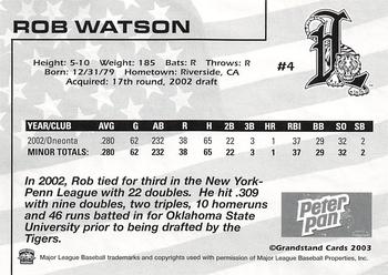 2003 Grandstand Lakeland Tigers #NNO Rob Watson Back