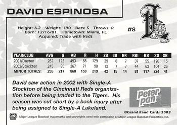 2003 Grandstand Lakeland Tigers #NNO David Espinosa Back
