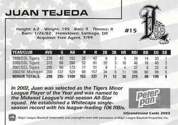 2003 Grandstand Lakeland Tigers #NNO Juan Tejeda Back
