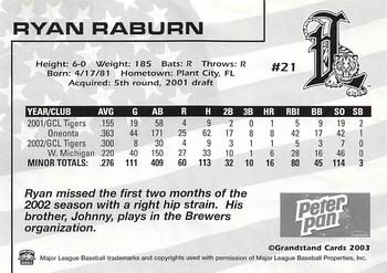 2003 Grandstand Lakeland Tigers #NNO Ryan Raburn Back