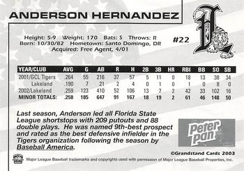 2003 Grandstand Lakeland Tigers #NNO Anderson Hernandez Back