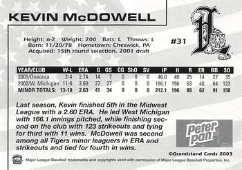 2003 Grandstand Lakeland Tigers #NNO Kevin McDowell Back