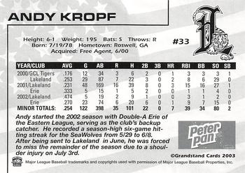2003 Grandstand Lakeland Tigers #NNO Andy Kropf Back