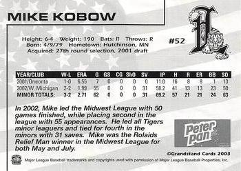 2003 Grandstand Lakeland Tigers #NNO Mike Kobow Back