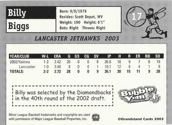 2003 Grandstand Lancaster JetHawks #17 Billy Biggs Back