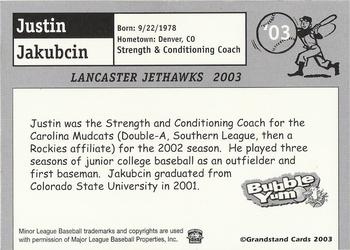 2003 Grandstand Lancaster JetHawks #'03 Justin Jakubcin Back