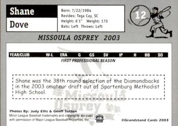 2003 Grandstand Missoula Osprey #12 Shane Dove Back