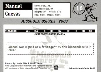 2003 Grandstand Missoula Osprey #16 Manuel Cuevas Back