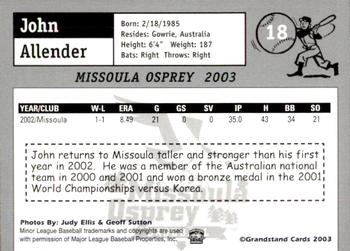 2003 Grandstand Missoula Osprey #18 John Allender Back