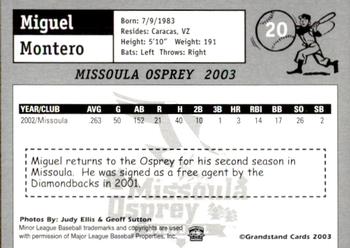 2003 Grandstand Missoula Osprey #20 Miguel Montero Back