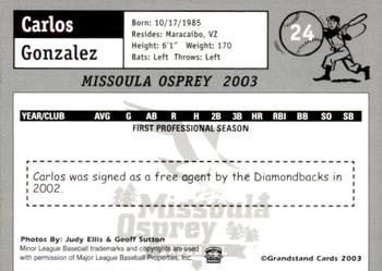 2003 Grandstand Missoula Osprey #24 Carlos Gonzalez Back