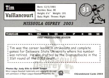 2003 Grandstand Missoula Osprey #31 Tim Vaillancourt Back