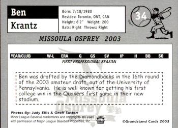 2003 Grandstand Missoula Osprey #34 Ben Krantz Back