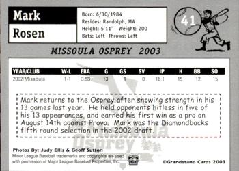 2003 Grandstand Missoula Osprey #41 Mark Rosen Back