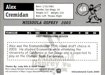 2003 Grandstand Missoula Osprey #48 Alex Cremidan Back