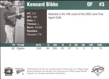 2003 MultiAd Beloit Snappers #2 Kennard Bibbs Back