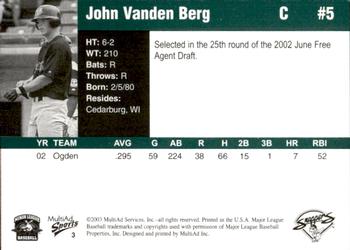 2003 MultiAd Beloit Snappers #3 John Vanden Berg Back