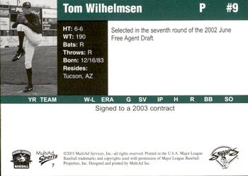 2003 MultiAd Beloit Snappers #7 Tom Wilhelmsen Back