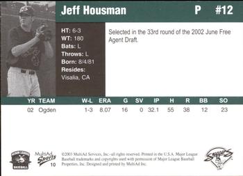 2003 MultiAd Beloit Snappers #10 Jeff Housman Back
