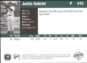 2003 MultiAd Beloit Snappers #13 Justin Gabriel Back