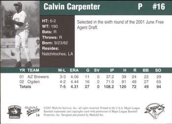 2003 MultiAd Beloit Snappers #14 Calvin Carpenter Back