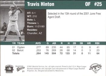 2003 MultiAd Beloit Snappers #21 Travis Hinton Back