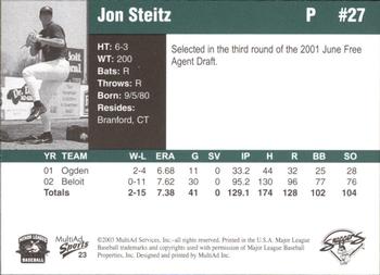 2003 MultiAd Beloit Snappers #23 Jon Steitz Back