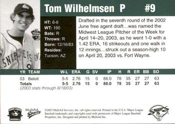 2003 MultiAd Beloit Snappers Prospects #NNO Tom Wilhelmsen Back