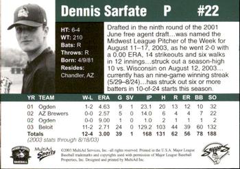 2003 MultiAd Beloit Snappers Prospects #NNO Dennis Sarfate Back