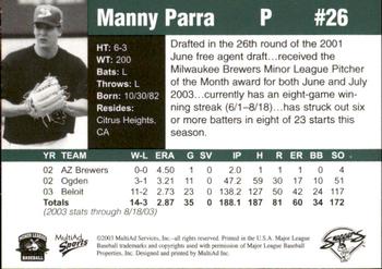 2003 MultiAd Beloit Snappers Prospects #NNO Manny Parra Back