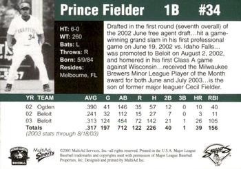 2003 MultiAd Beloit Snappers Prospects #NNO Prince Fielder Back