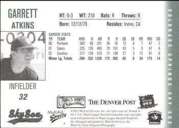 2003 MultiAd Colorado Springs Sky Sox #4 Garrett Atkins Back