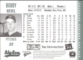 2003 MultiAd Colorado Springs Sky Sox #6 Bobby Bevel Back