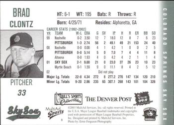 2003 MultiAd Colorado Springs Sky Sox #8 Brad Clontz Back