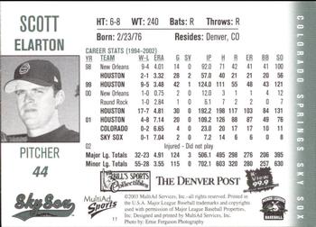 2003 MultiAd Colorado Springs Sky Sox #11 Scott Elarton Back