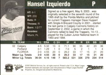 2003 MultiAd Edmonton Trappers #14 Hansel Izquierdo Back