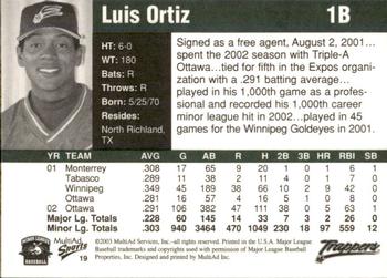 2003 MultiAd Edmonton Trappers #19 Luis Ortiz Back