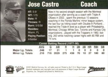 2003 MultiAd Edmonton Trappers #27 Jose Castro Back