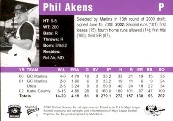 2003 MultiAd Greensboro Bats #1 Phil Akens Back