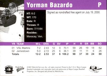 2003 MultiAd Greensboro Bats #4 Yorman Bazardo Back