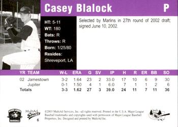 2003 MultiAd Greensboro Bats #6 Casey Blalock Back