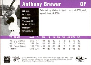 2003 MultiAd Greensboro Bats #7 Anthony Brewer Back