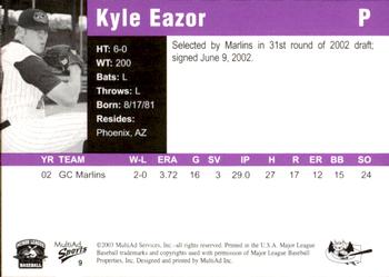 2003 MultiAd Greensboro Bats #9 Kyle Eazor Back