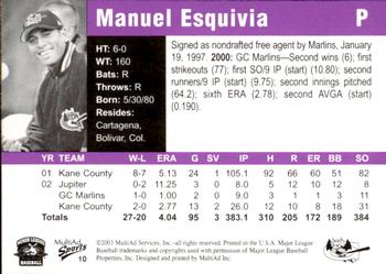 2003 MultiAd Greensboro Bats #10 Manuel Esquivia Back