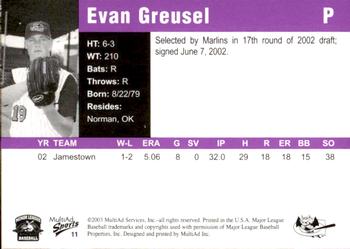2003 MultiAd Greensboro Bats #11 Evan Greusel Back