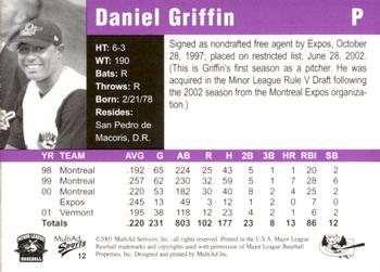 2003 MultiAd Greensboro Bats #12 Daniel Griffin Back