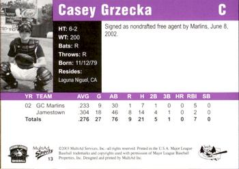 2003 MultiAd Greensboro Bats #13 Casey Grzecka Back